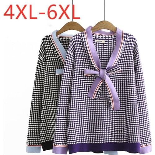 New ladies autumn winter plus size knit sweater for women large long sleeve slim elastic bow plaid pullover 4XL 5XL 6XL