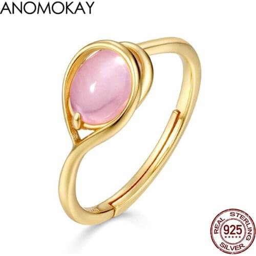Anomokay Lovely Pink Drop Water Crystal Flower Gold Color Rings for GF Lovers Gift Real Sterling 925 Silver Resizable Women Ring