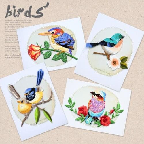 1PC Cute bird Patches for Clothing Embroidery Iron On Applique For Bags Dress Clothes Quality flower birds sticker DIY Applique