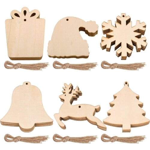 10pcs Wooden Christmas Tree Shape Cutouts Crafts Natural Wood Hanging Ornaments with Twines for Christmas Home Party Decoration