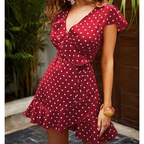 2021 Summer Sexy Party Dress Women V-neck Polka Dot Ruffle Mini Dress for Women Elegant Red Oversize Dresses Vestido 15077