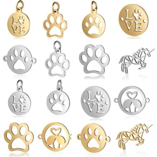 5pcs/lot diy love pet dog paw stainless steel charm pendant wholesale unicorn flamingo jewelry bracelet connector charms