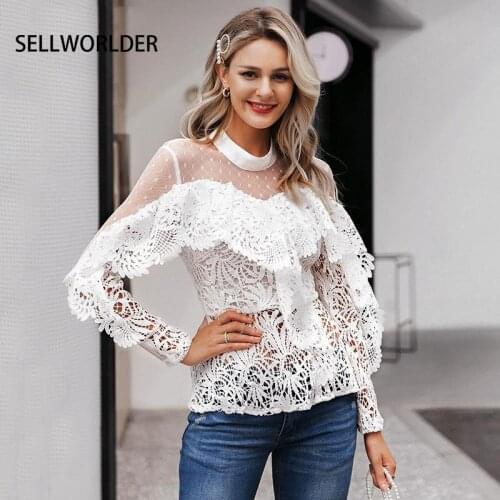White Women Blouse Shirt Embroidered Lace Mesh Elegant Hollow Long Sleeves Women Party Top