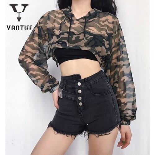 Bodycon Crop Tops Gothic Harajuku Zipper Long Sleeve Slim T-shirt Womens Camouflage Loose Hooded Sweatshirt Dance Dress Girl