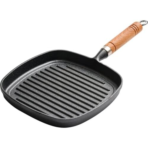 Small Happiness Cast Iron Wooden Handle Frying Pan Household Striped Steak Pot Cast Iron Pan Thickened Pure Pig Iron Non-Stick