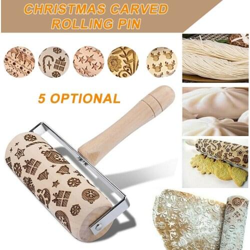Wooden Rolling Pin With Handle Christmas Pattern Printed Baking Rolling Pins Noodle Biscuit Cake Dough Engraved Roller Pastry 3