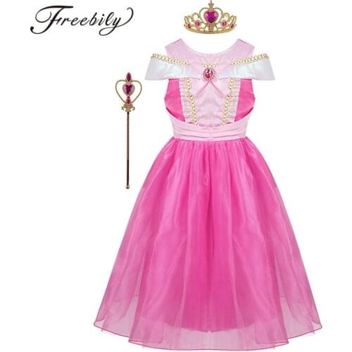 Kids Girls Fairy Tale Princess Costume Dress Children Halloween Birthday Carnival Party Cosplay Dress with Tiara Wand Outfit