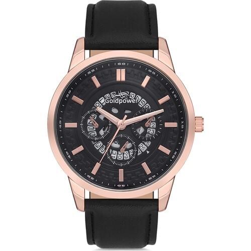 GoldPower Black Leather Cord Metal Rose Gold Dial Case Minarel Men Wristwatch Clock