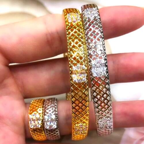 KellyBola High Quality Exquisite Hollow Full Square Zircon Bangle Ring 2PCS Womens Party Daily Anniversary CZ Jewelry Set 2021