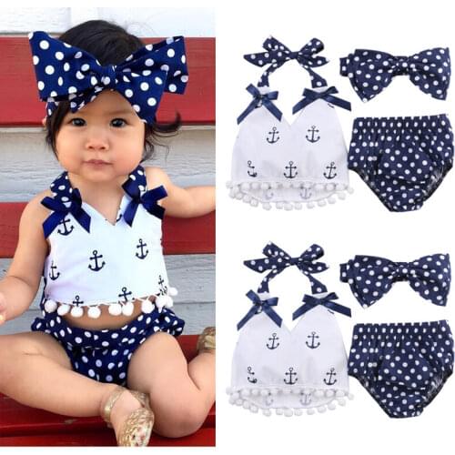 Toddler Infant Baby Girls Clothes Anchors Tops Shirt Polka Dot Briefs Head Band 3pcs Outfits Set