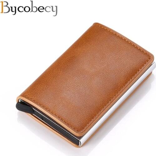 Bycobecy Credit Card Holder Wallet Men Women Metal RFID Vintage Aluminium Bag Crazy Horse PU Leather Bank Cardholder Case New