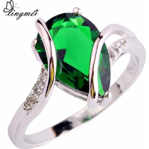 Lingmei Wholesale Luxury Fashion Pear Cut Rainbow Green White Zircon Silver Color Ring Size 6 7 8 9 Gorgeous Jewelry For Women