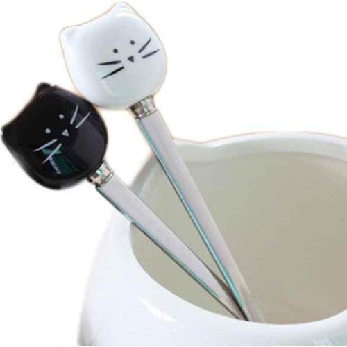 1pc Black And White Cat Stainless Steel Spoon Cute Cartoon Cat Porcelain Handle Spoon
