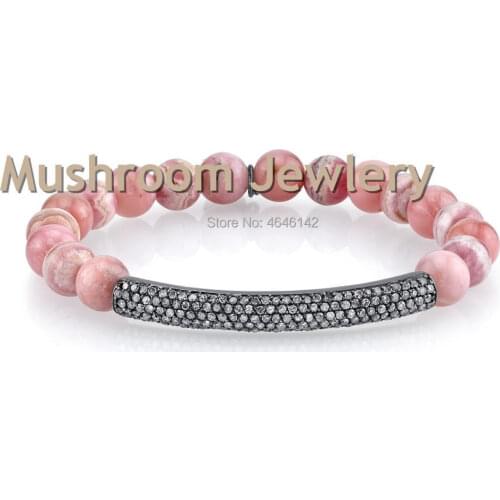 Micro Pave CZ 8mm Disco Ball Bar Charms Bracelets Sets 8mm Beads Rhodochrosite Stone Bracelet Men Women Jewelry bileklik