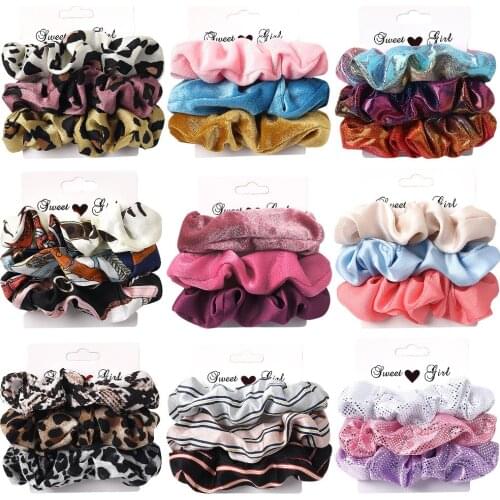 Ins Top Fashion Simple Satin Velvet Glitter PU Scrunchies Set Solid Leopard Flower Print Hair Ropes Vintage Ponytail Hair Ties