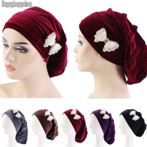 Fashion Ruffled Velvet Beanie for Women Soft Solid Color Turban Cap Under Scarf Skullies Hat With Brooch India Africa HEADWEAR