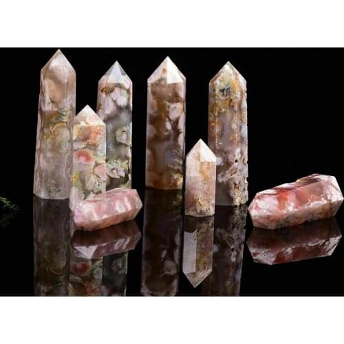 70-80mm 2pcs Natural Flower Agate Tower Point Quartz Crystal Obelisk Wand Healing Stone