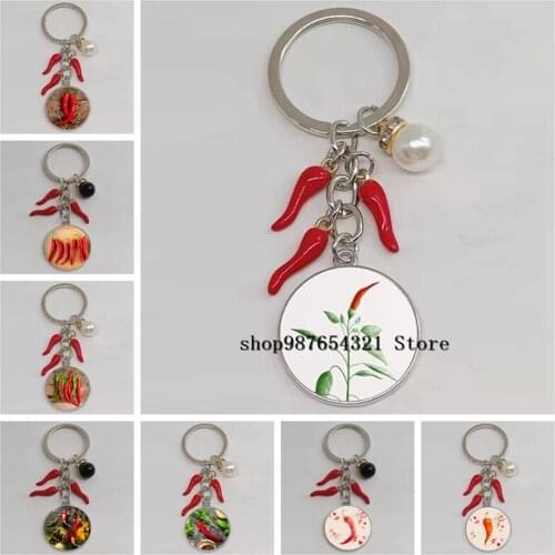 New fashion red pepper keychain glass cabochon pendant car bag keychain as a Christmas gift for friends
