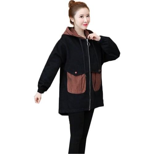 New Womens Denim Jacket Plus Size Splicing Ladies Spring Autumn Jacket Zip Hooded Casual Cowgirl Female Windbreaker Outerwear