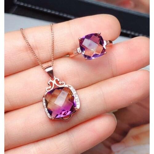 New natural Ametrine Ring and necklace jewelry set for women purple yellow gem fashion jewelry classic birthday gift natural gem