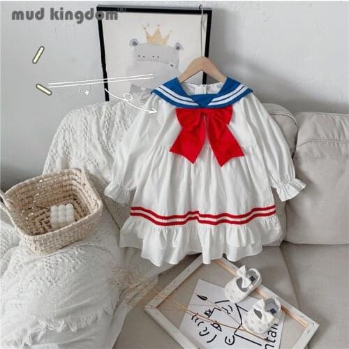 Mudkingdom Girl Dress Bow Sailor Collar Long Puff Sleeve Loose Fit Preppy Style Princess Dresses for Girls School Autumn Clothes