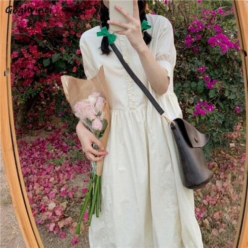 Short Sleeve Dress Women Pleated Lace Up Ruffles Single Breasted Turn Down Collar Preppy Style Females Solid Dresses A-line Chic