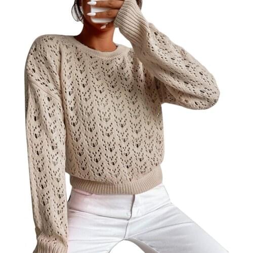 Dropshipping!! Autumn Women Sweater Solid Color Hollow Out Knitted O Neck Long Sleeve Sweater for Fall