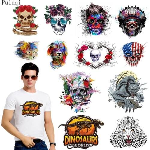 Pulaqi Dinosaurs Iron on Transfer Rock Punk Patch For Clothes Sticker Thermal Heat Transfer Vinyl Skull Badge T Shirt Washable