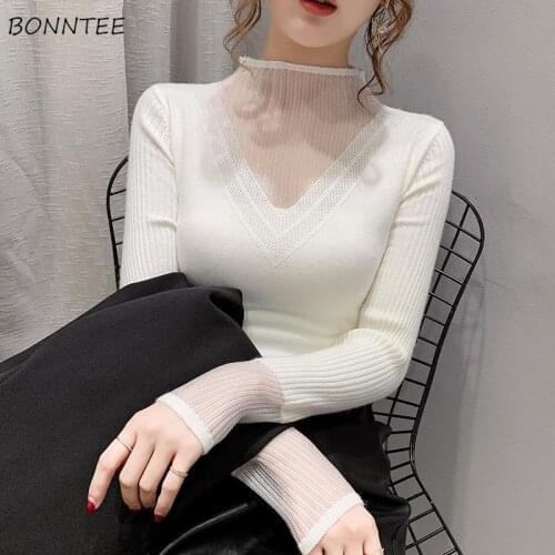 Pullovers Women Slim Patchwork Elegant Ladies Plus Size 3XL Knitted Casual Long Sleeve Half Turtleneck Female Sweater Ulzzang