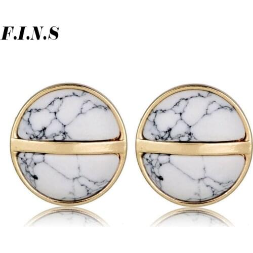 F.I.N.S Women Earrings Marble White Blue Round Stone Earrings for Women Small Charm Stud Earrings Brincos Fashion Indian Jewelry