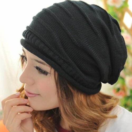 New Men Women Winter Knitted Wool Cap Unisex Folds Casual Beanies Hat Solid Color Hip-Hop Beanie Hat Warm Baggy Cap AQ672444