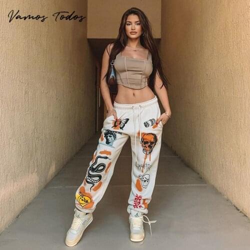 Sweatpants Women Hippie Cartoon Printed Trouser Joggers for Women Drawstring Cargo Pants Streetwear Casual Sweatpant Vamos Todos