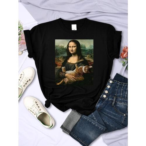Oil painting Mona Lisa and cat Clothing Women Brand O-Neck T-Shirts Summer Soft Tshirt Fashion Oversized Loose Womens T Shirts