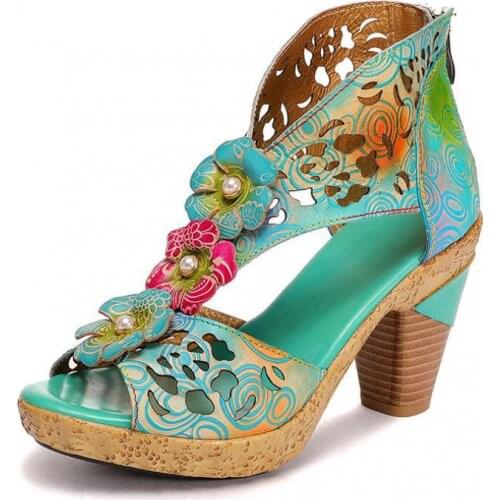 YourSeason Vintage Ladies Platform Sandals Genuine Leather Mixed Colors Zip 2021 Women Handmade Flower Sewing Shoes