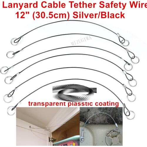 6 pcs Lanyard Cable Tether Safety Wire 12" (30.5cm) Silver/Black for Loss Prevention 2 Loops w/Quick Release Ring Rubber Coating