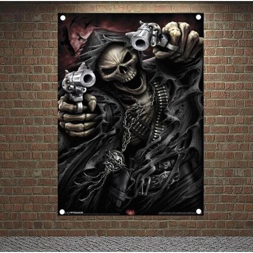 Skeleton Gunner Banners Skull Tattoo Art Flags Canvas Painting Bar Cafe Home Decor Scary Bloody Posters Tapestry Wall Hanging