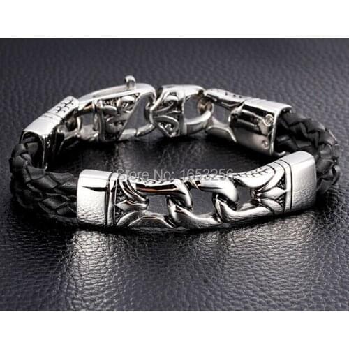 60g Weight 14mm Casting 316L Stainless steel Vintage design With Black Genuine Leather Bracelet Men Punk Hip-Hop Jewelry 8.66