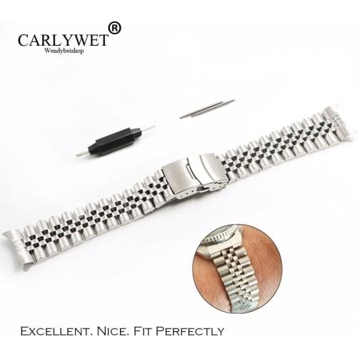 CARLYWET 22mm Hollow Curved End Solid Screw Links Stainless Steel Silver Watch Band VINTAGE Jubilee Bracelet Double Push Clasp