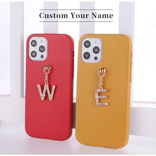 Personalization Name PU Leather Cowhide Phone Case For iPhone 11 12 Pro Mini Max X XR XS 7 8Plus Pendant Metal Letters Cover