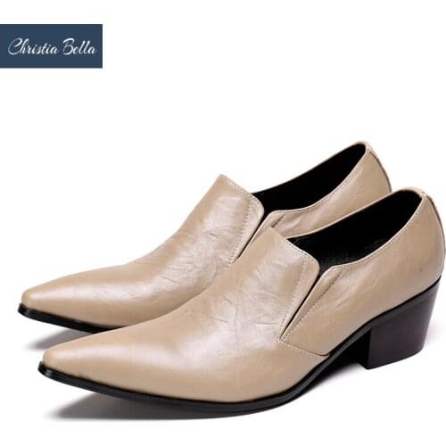 Christia Bella Fashion Solid Men Genuine Leather Shoes Pointed Toe Mid Heel Party Dress Shoes Male Business Office Leather Shoes