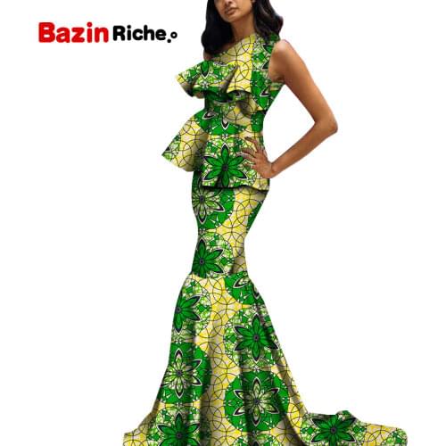 2021 New African Skirt Sets for Women Bazin Elegany Africa Clothes Dashiki Sleeveless Top and Floor-length Skirt 2 Pieces WY5548