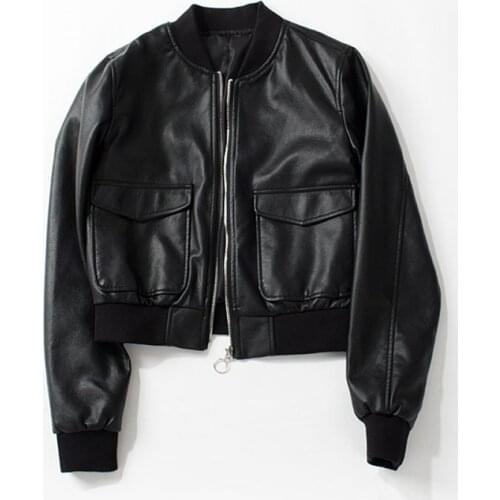 Black Short Knit stitching Faux Leather Coats Women Spring Stand collar Big pocket Bomber jacket Moto Biker jacket Female Coat