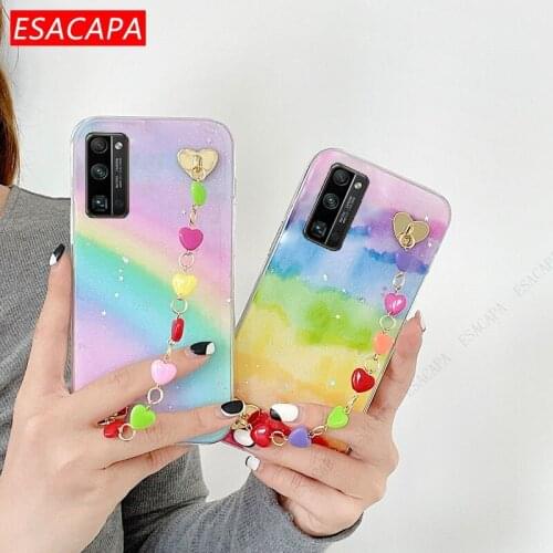 Love Heart Wrist Chain Soft Silicone Case For Huawei Honor X10 V30 9A 9X 30 Pro Glitter Rainbow Phone Cover For Honor 20 10 Lite