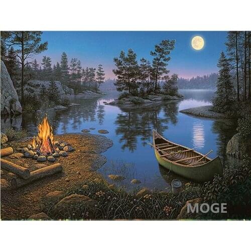 Lake moon boat bonfire DIY Diamond Painting Kit Diamond cross Stitch Rhinestone Mosaic Painting Hall Hanging Murals