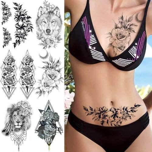 REJASKI 3D Sexy Leaves Temporary Tattoo Sticker Waterproof Tattoos Flower Blossom Body Art Arm Women Men Fake Tatoo Black Sexy