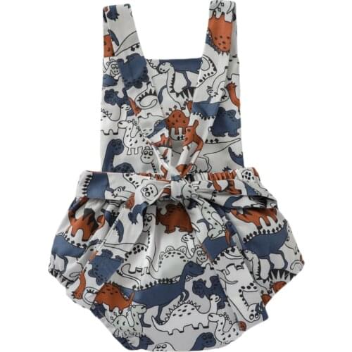 New Babies Casual Romper, Grey Dinosaur Printed Pattern Sleeveless Playsuits, 0-24 Months