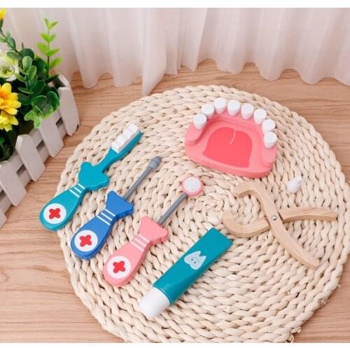 Educational 6Pcs Baby Toys Doctor Set Play Wooden Dental Tools Simulation Medicine Box