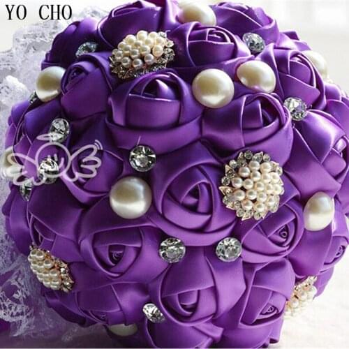 Wholesale artificial rhinestone bridal bouquets crystal jewelry pearl flower bouquet wedding flowers purple silk fall wedding