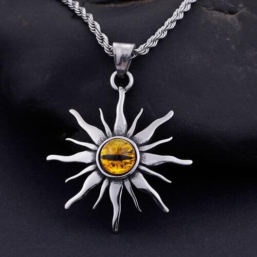 Stainless Steel Cats Eye & Sun Pendant Necklace For Men Hip hop/Rock Personality Finger Opals Jewelry