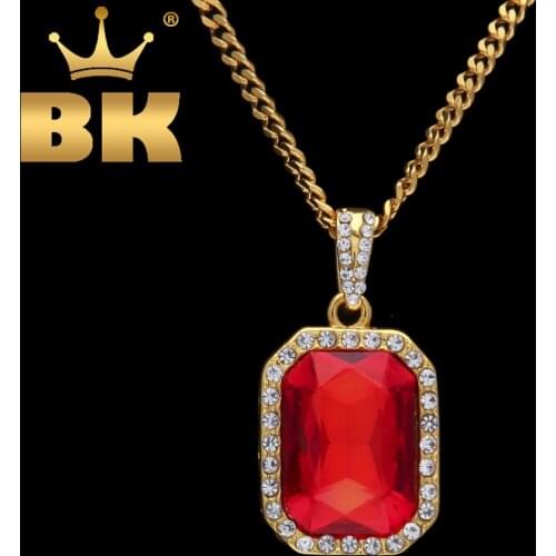 THE BLING KING Full Iced Out Rhinestones Square Gem Necklace Red/Black/Green/Blue Pendant Gold Silver Fashion Hiphop Jewelry